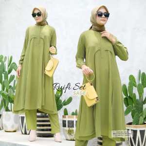 RUIFI Setelan Gamis Wanita Terbaru Atasan Tunik Polos & Celana Kulot Oversize Bahan Premium Crinkle