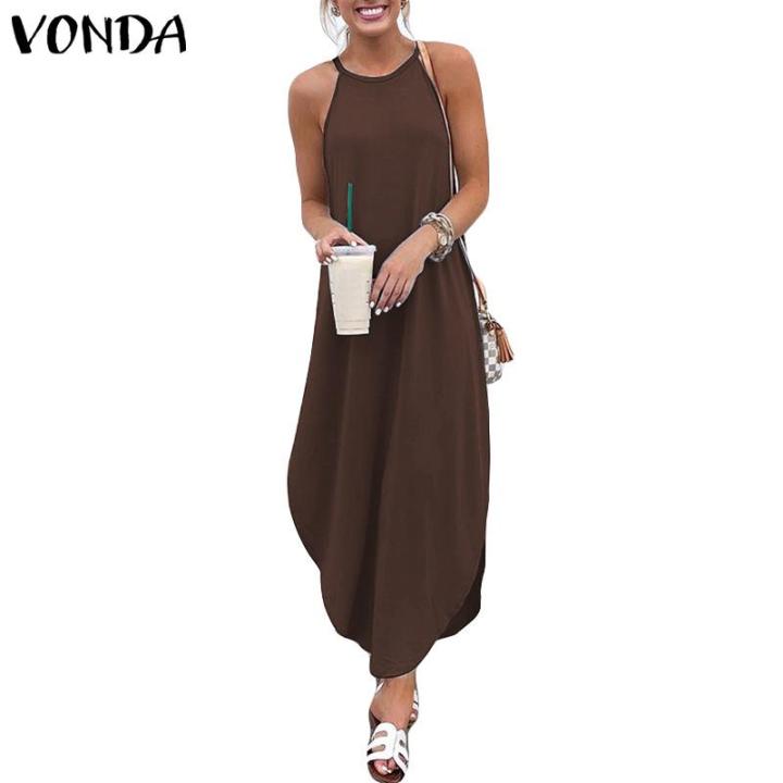 VONDA Women Spaghetti Strap Sleeveless Loose Baggy Asymmetrical Plus Maxi  Tank Dress Plus Size Soild Summer Dresses | Lazada.co.th