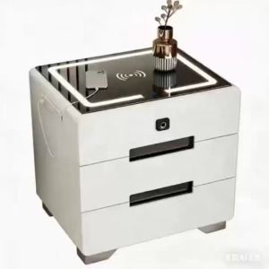 Fully Assembled Bedside Table with Wireless LED Night Light & Fingerprint Lock Storage Cabinet