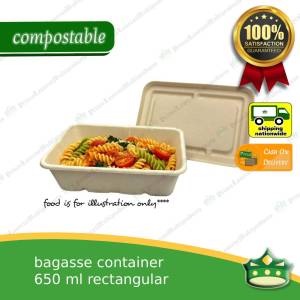 [50 pcs] bagasse rectangular container with lid 650ml biodegradable eco-friendly disposable kitchen use household supplies.