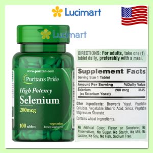 Viên Uống Hỗ Trợ Ngăn Ngừa Ung Thư Tăng Cường Đề Kháng High Potency Selenium 200mcg Puritans Pride hũ 100 viên [Hàng Mỹ]
