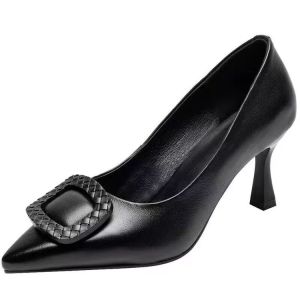[Free Shipping] Spring New Collection: WomenS High-Heeled Shoes Shallow Toe Stiletto Heel Fashionable Pointed-Toe Design Square Buckle Single-Sole Shoes Fashion Footwear