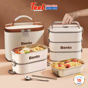 Hộp cơm giữ nhiệt Bento 3 tầng sử dụng được lò vi sóng - Hộp đựng cơm giữ nhiệt Nhật Bản bên trong inox 304 vỏ ngoài chịu nhiệt tặng kèm túi đựng