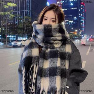 [COD] WEICHENG Plaid Scarf Checkerboard Soft Scarfs Womens Winter Warm Dual Use Long Shawl Vintage Thickened Scarves
