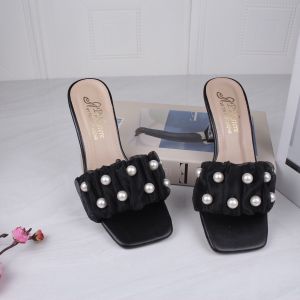 Giày cao gót - Guốc cao gót vuông trong 7p quai nhún ren hạt châu lớn G21