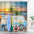 Riyidecor Beach Surf RV Fabric Shower Curtain Set for Bathroom Decor 72Wx72H Inch Coastal Theme Bath Accessories for Men Boys Tropical Palm Trees Pattern Camping Car Bathtub 12 Pack Plastic Hooks. 