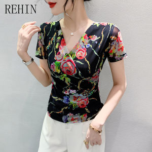 REHIN Cross V-neck fashion short-sleeved T-shirt mesh floral printed slimming  S-3XL trendt women blouse