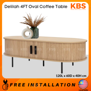 (FREE Installation+Shipping) KBS Delilah 4FT Oval Coffee Table / Sliding Doors Design / Mid Century Classic  / Natural Wood Color / 120L x 60D x 40H cm