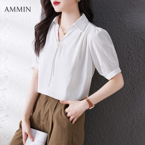 AMMIN เสื้อเชิ้ตแขนสั้นของผู้หญิงคอวีเสื้อเชิ้ตลำลองสำหรับเดินทางไปทำงานคอวีใหม่ฤดูร้อน2023