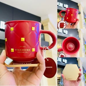 Starbuck Official Store Starbuck Cup 2021 Christmas Present 380ml Vintage Red Gold Rivet Mark Ceramic Coffee Cup Set Starbuck Tumbler Starbuck Mug