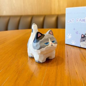 Cute Wood-carved Pattern Standing Cat Family Resin Figurine Desktop Table Toy Decor Ornament Home Office Car Decoration
