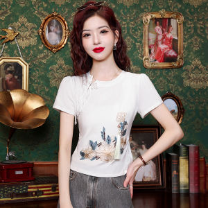 AMMIN เสื้อผู้หญิงแขนแขนสั้นคอกลมมีพู่ติดกระดุมจากจีนเสื้อเบลาส์มีเสื้อยืดผ้าฝ้ายล้วนดีไซน์เอวมีจีบฤดูร้อน2024