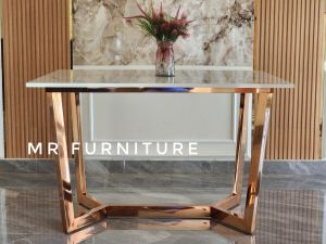 Meja Makan Y Stainless Rose Gold Top Marmer Putih Carrara