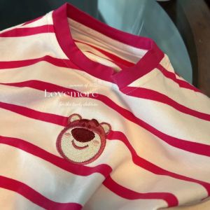 [PRINCESS KESLI] 1-9 Tahun Kaos Lotso Anak Perempuan Salur Bear Bordir T-shirt Kartun Kasual Leher Bulat