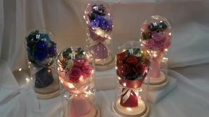 Bouquet Preserved Flower Rose in Glass Dome with LED Fairy Lights - Perfect Gift for Mother Day
