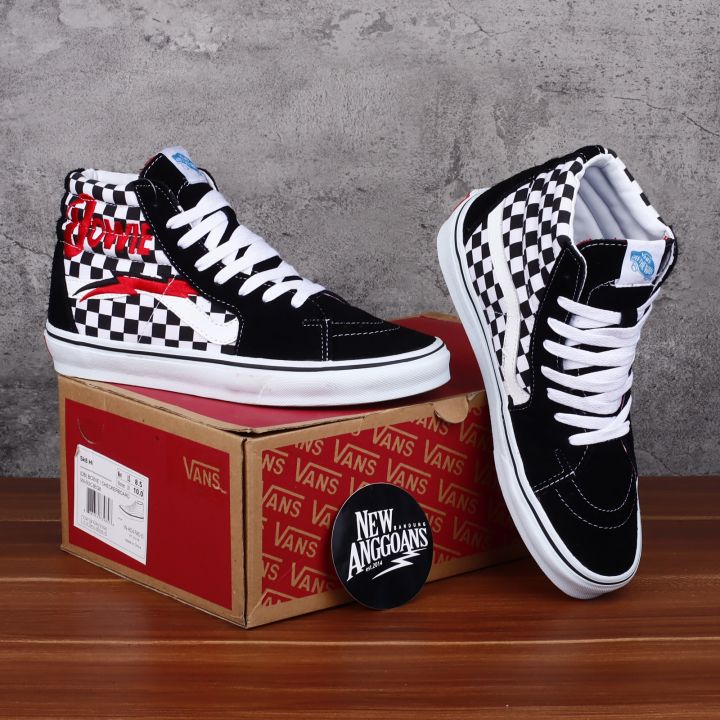Sepatu Vans_X David Bowie SK8 Hi Checkerboard Catur Black Hitam