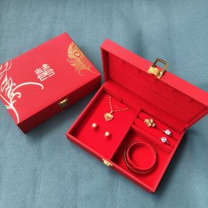 SIQIN Dragon and Phoenix Golden Jewelry Set Storage Box Red Velvet Rings Earrings Storage Case Classical Soft Lining Wedding Jewelry Display Box Watches