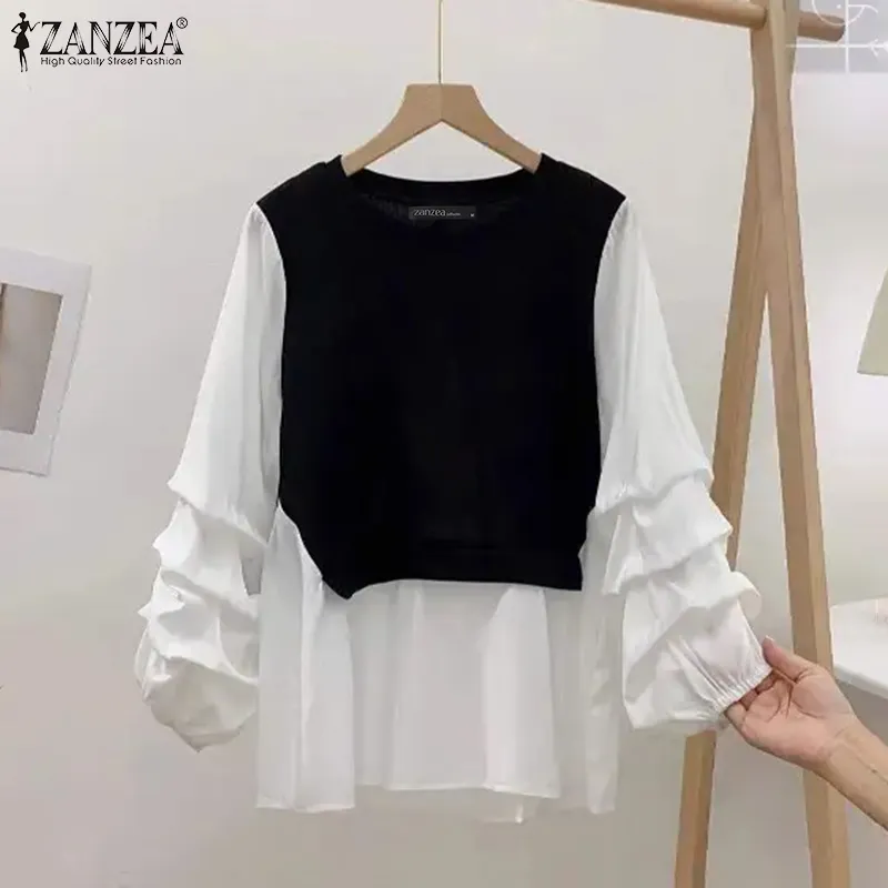 ZANZEA Womens Fake Two Pieces Crew Neck Long Sleeve A-Line Tops Contrast  Color High Low Blouses #0106