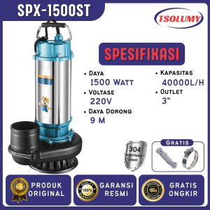 Pompa Submersible Stainless Steel TSOLUMY 1500W - Pompa Celup Air Kotor Multifungsi untuk Kolam Ikan/Banjir