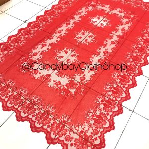 Taplak Meja Spesial Merah Natal Imlek 6 Kursi 150 x 230 cm Bahan Kain Polyester Corak Pucuk Bunga teratai