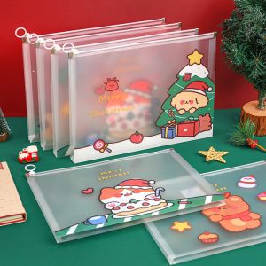 Beg Fail Kartun Krismas A4 Besar Comel Fail PP Transparan Zip Simpan Kertas Dokumen Pelajar 4pcs Cute Christmas File Paper Document Bag Large Capacity Transparent Storage Bag 卡通圣诞立体文件袋 A4大容量试卷收纳袋可爱PP透明拉边资料袋 M008