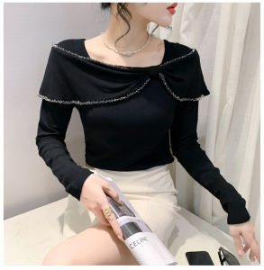 Yimei Áo Thun Nữ Viền diềm Xếp Nếp đính hạt móng tay Thủ Công Thời trang và nặng cho Dài Tay nữ áo cotton màu đen áo sơ mi mặc trong ấm chải dày thời trang và phong cách phương Tây