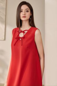Váy đỏ dáng suông cổ nơ dây dáng chữ A không tay