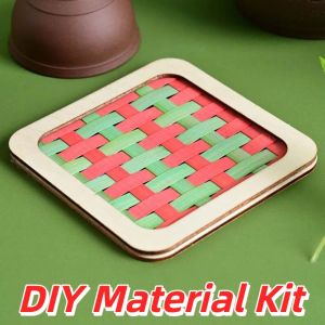 PAXTONE Eco-Friendly Bamboo Coaster DIY Natural Wood Pre-cut Woven Coaster Pack Creative Art Craft Geometry Shapes Handmade Cup Mat Parent-Child