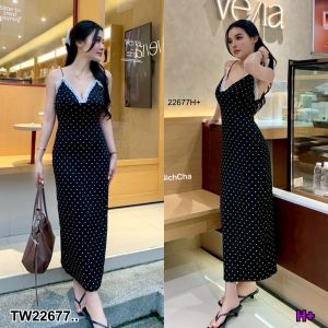 TW22677 เดรสยาวผ้ายืดลายจุดแต่งลูกไม้ ..