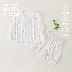 Baby two-piece summer outfit thin and breathable bamboo fiber clothing summer baby shorts sleeveless set for boys and girls