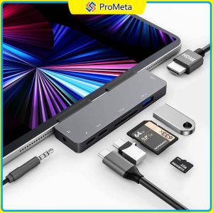 Hab USB C 7 dalam 1 untuk iPad 7 in 1 USB C Hub for iPad Air7 11 2025 M3 ipad 11 A16  Air 6 11/13inch 2024 Pro 11/13inch 2024 Air5 Pro 11 12.9 2021 2020 2018Air 4 Mini 64K HDMI3.5mm JackUSB3.0 PD&DataSD/TF Card