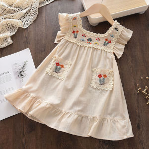 Bear Leader  Kids Dresses for Girls 2024 Summer Flower Embroidery Lace Dress Toddler Girl Sweet Flying Sleeve Princess Clothes 2-6 Yrs