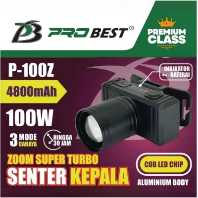 Senter LED Probest P-100Z Zoom Turbo 100W dengan Zoom & USB Type-C - Hitam Pekat