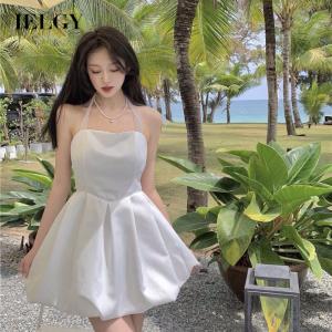 IELGY korean style fashion slim lace mesh bow halter neck dress for women