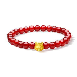 ZHOU LIU FU 周六福 24K Solid Gold Bracelets for Women Stretchable "Lucky Animals" Real Gold Rabbit Bangle Charm Bracelets Pure Gold Agate Beaded Zodiac Bunny Bracelet