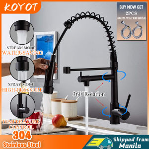 KOYOT 304 Stainless Steel Pull Out 2 in 1 360° Rotate Matte Black Kitchen Faucet Kitchen Sink Water Saving Tap Kitchen Faucet with Flexible Hose Brass Body Kitchen Sink Faucet Cold and Hot Pull Down Stainless Faucet for Kitchen Faucet for Sink