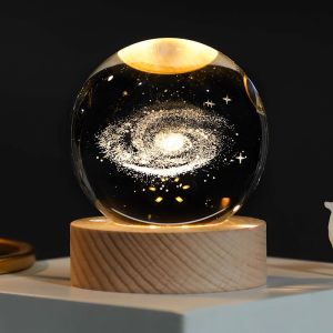 3D Crystal Ball Desktop Ornaments Luminous Nlght Light Starry Sky Glass Ball Wood LED Base Set Birthday Wedding Gift