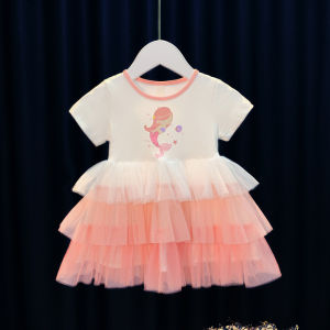 Girl Dress Mesh Cartoon Unicorn Rainbow Short Sleeve Round Neck Baby Girl Clothes Summer A-line Princess Dresses