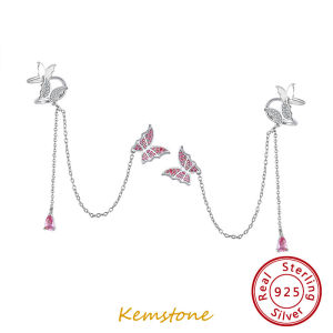 Kemstone Sterling Silver 925 Double Butterfly Crystal Gold Plated Female Pendant Necklace Stud Clip Earrings Jewelry for Womens Gfit