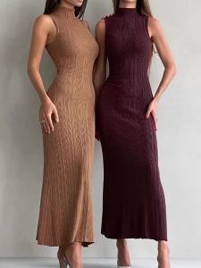 G7 Cross-Border Knitted Womens High Neck Sleeveless Bodycon Dress Spring Summer New Mid-Length Dress Elegant French Style European and American Dress 7/7