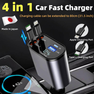 120W 4 in 1 Retractable Car Charger high quality socket outlet Multiple cable splitter Super Fast charge Type-C Cable for IOS Android Suitable Conversion Plug Car Charger 180° Rotation Retractable Universal Car Accessories