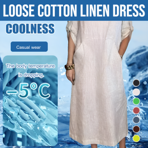 Cotton and Linen Solid Color Round Neck Double Side Pocket Loose Long Dress Women Summer Comfortable Leisure Gown