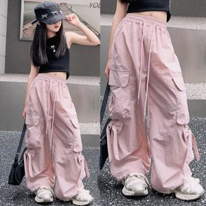 Korean Kids Cargo Pants for Girls Pocket Loose Wide-leg Pants for Kids Girl Baggy Pants for Kids