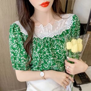 Girly Sweet Floral Chiffon Shirt Fashion Lace Top Womens Short Sleeve New Beautiful Shirt Puff Sleeve Top Summer