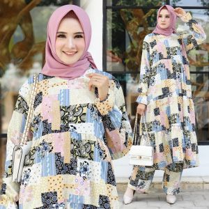 Fya Shope -Stelan Baju Tunik & Celana Wanita Muslimah Blouse Lengan Panjang Fashionable Baju Mewah Elegant Baju Tunik Wanita Busui Set Habibah / Good Quality / Best Seller / Real Pict