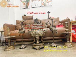 Bộ đỉnh khảm tam khí 70cm (Đồng đỏ vàng bạc) ngũ sự gồm: Quả đỉnh 2 hạc 2 chân nến thờ cúng
