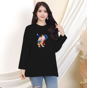 Kaos Oversize Lengan Panjang/ Kaos Atasan/ Kaos Casual Wanita Motif Lucu Gemes