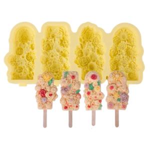 Flower Shape Ices Cream Molds 4 Cavity Silicone Popsicles Molds Ices Cubes Tray Popsicles Maker Baking Cake Candy Mold