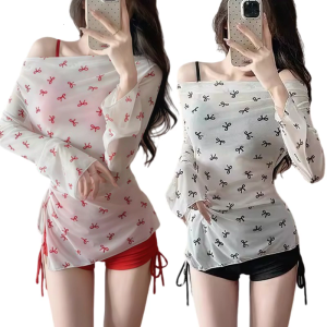 Women Two Piece Swimsuit Set with Long Sleeve Beach Coverup Shirt Lady High Waist Bathing Suit with Drawstring Boyshorts