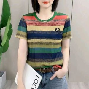 Womens T-shirt Summer New Fashion Casual Stripe Short Sleeved Loose Versatile Slimming Trendy Top